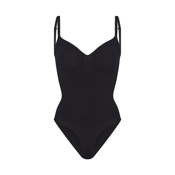 SEAMLESS SCULPT BRIEF BODYSUIT | ONYX (SHAPEWEAR BODYSUITS) LAYS FLAT ON A WHITE BACKGROUND | FLT | FLT